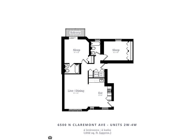 Floor plan for 2 beds, 2 baths, 1100 sqft