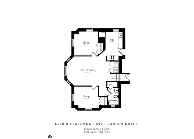 Floor plan for 2 beds, 2 baths, 975 sqft