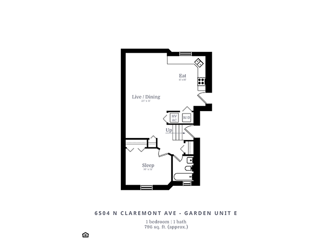 Floor plan for 1 bed, 1 bath, 750 sqft