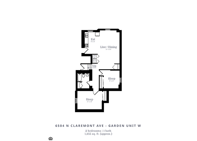 Floor plan for 2 beds, 1 bath, 975 sqft