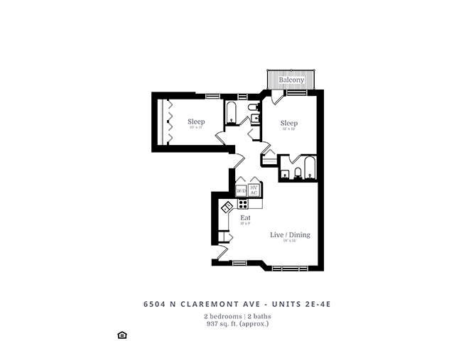 Floor plan for 2 beds, 2 baths, 1100 sqft