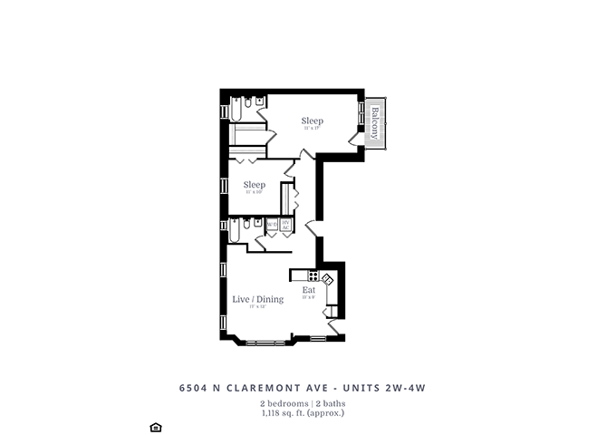 Floor plan for 2 beds, 2 baths, 1100 sqft
