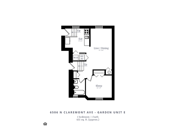 Floor plan for 1 bed, 1 bath, 750 sqft