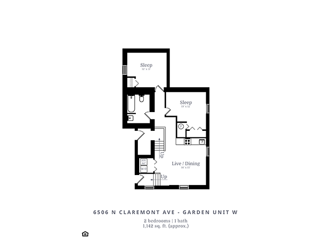 Floor plan for 2 beds, 1 bath, 975 sqft