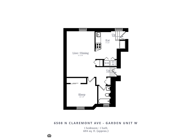 Floor plan for 1 bed, 1 bath, 750 sqft