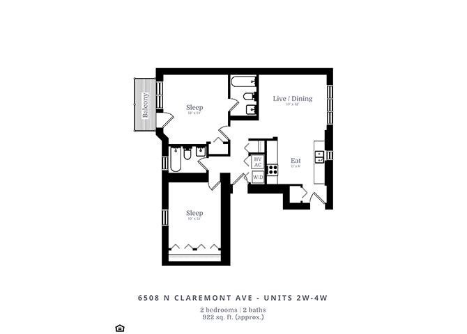 Floor plan for 2 beds, 2 baths, 1100 sqft