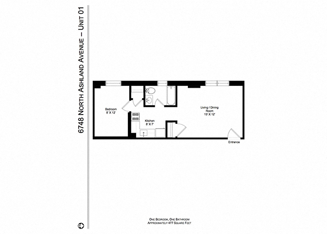 Floor plan for 1 bed, 1 bath, 477 sqft