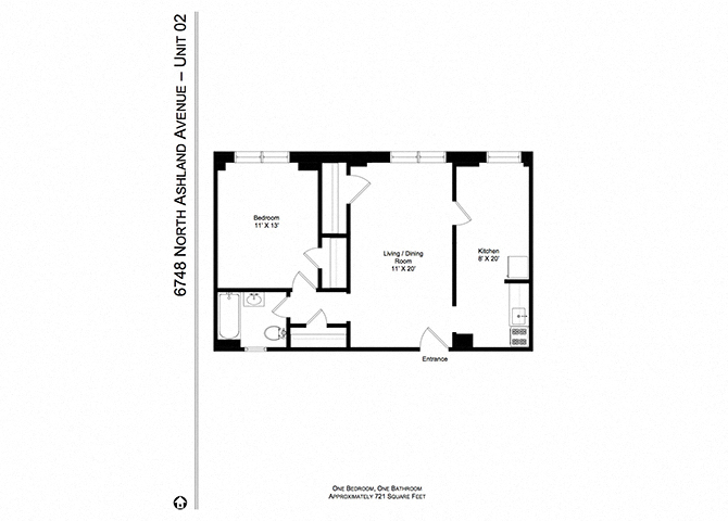 Floor plan for 1 bed, 1 bath, 721 sqft