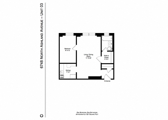 Floor plan for 1 bed, 1 bath, 521 sqft