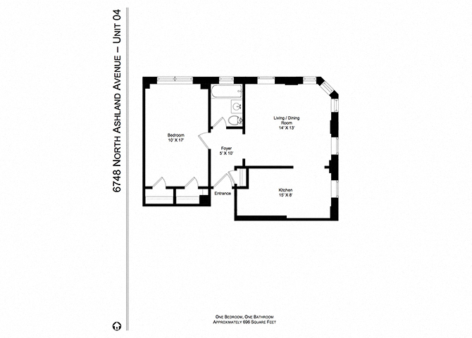 Floor plan for 1 bed, 1 bath, 696 sqft
