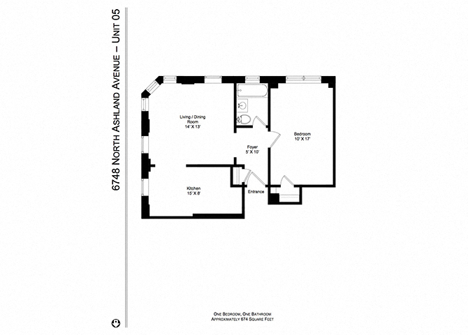 Floor plan for 1 bed, 1 bath, 674 sqft