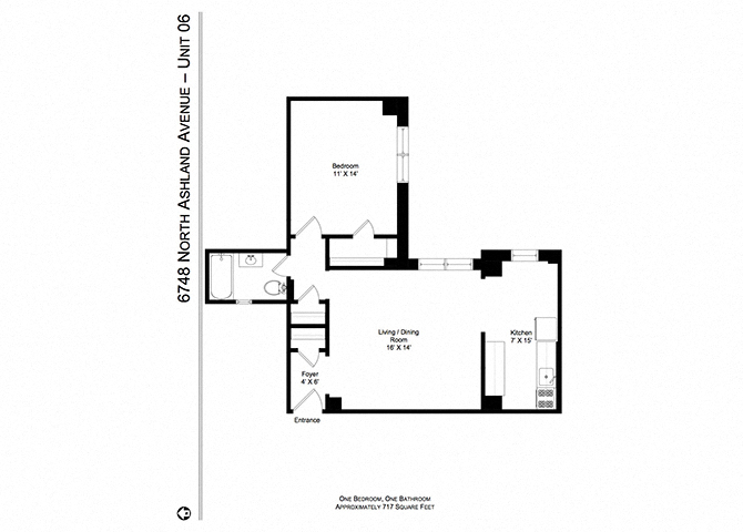Floor plan for 1 bed, 1 bath, 717 sqft