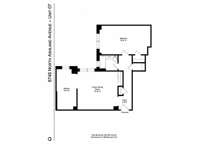 Floor plan for 1 bed, 1 bath, 803 sqft