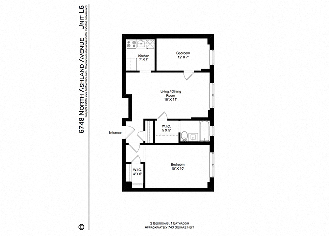 Floor plan for 2 beds, 1 bath, 743 sqft