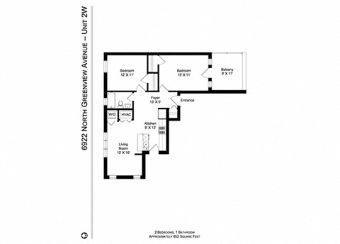 Floor plan for 2 beds, 1 bath, 1500 sqft