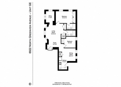 Floor plan for 2 beds, 2 baths, 1140 sqft