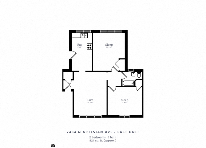 Floor plan for 2 beds, 1 bath, 1102 sqft