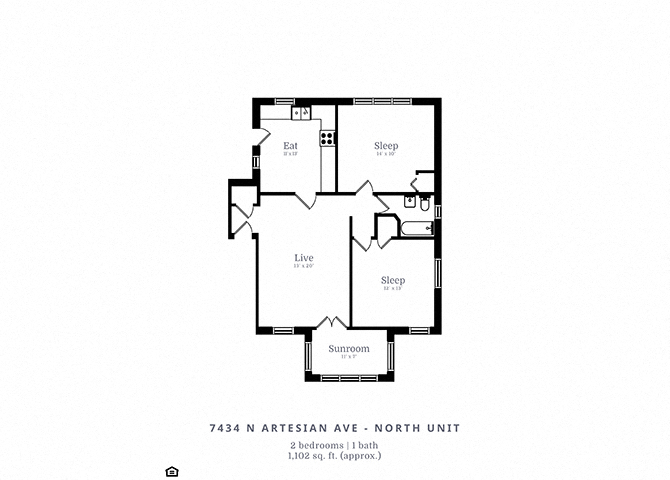 Floor plan for 2 beds, 1 bath, 700 sqft