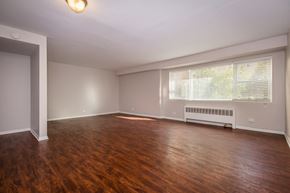Chicago apartment for rent - the living room of an empty house with wood floors and a large window