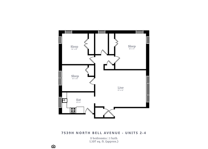 Floor plan for 3 beds, 1 bath, 1121 sqft
