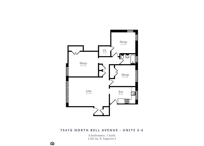 Floor plan for 3 beds, 1 bath, 1121 sqft