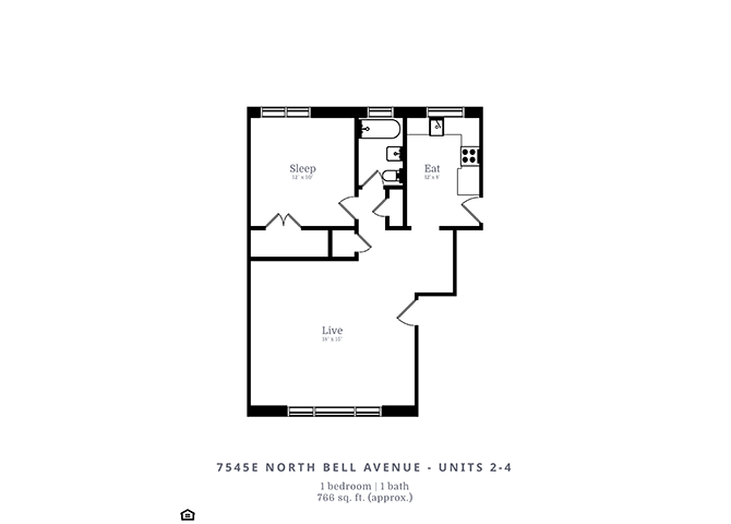 Floor plan for 1 bed, 1 bath, 766 sqft