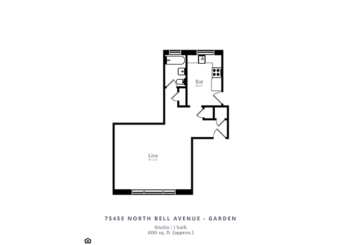 Floor plan for studio, 1 bath, 600 sqft