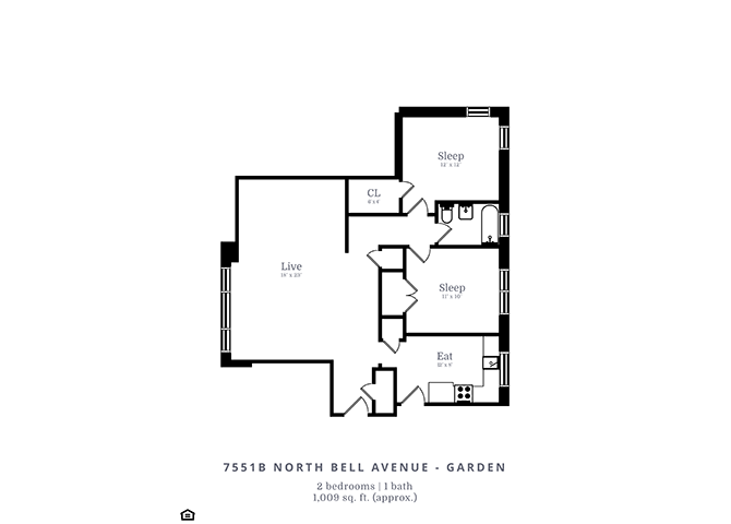 Floor plan for 2 beds, 1 bath, 900 sqft