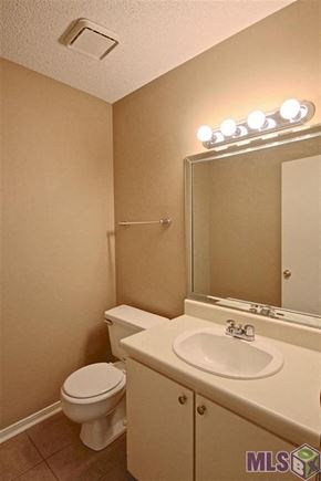 Baton Rouge house for rent - A bathroom with a toilet, sink, and mirror.
