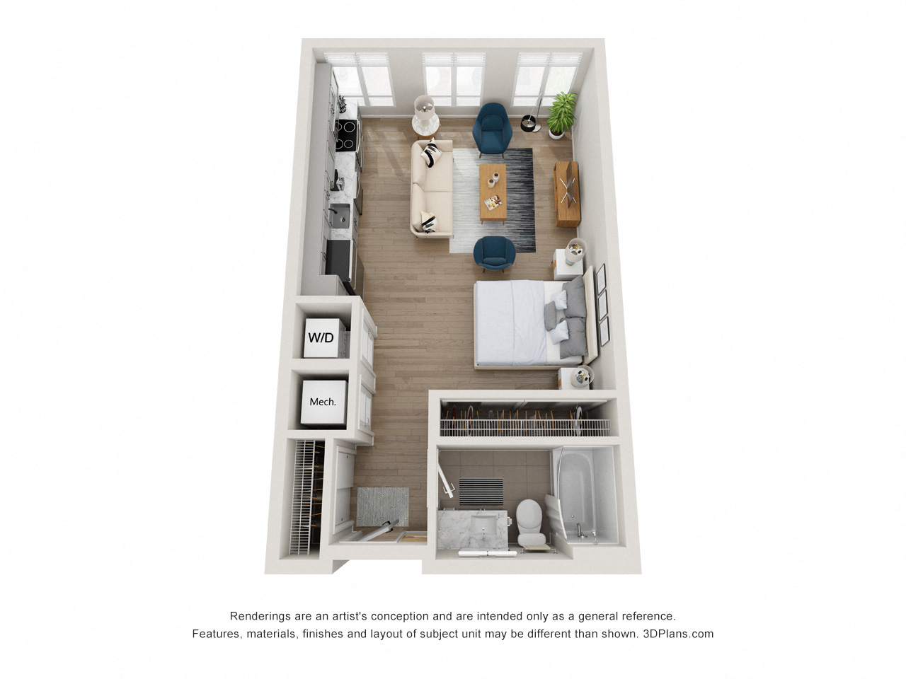 Floor plan for studio, 1 bath, 500 sqft