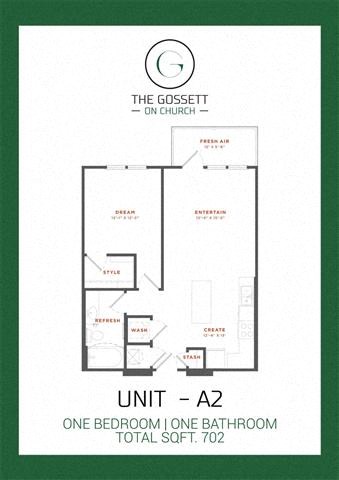 Floor plan for 1 bed, 1 bath, 708 sqft