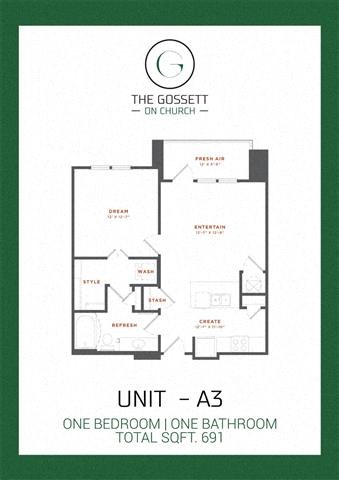 Floor plan for 1 bed, 1 bath, 691 sqft