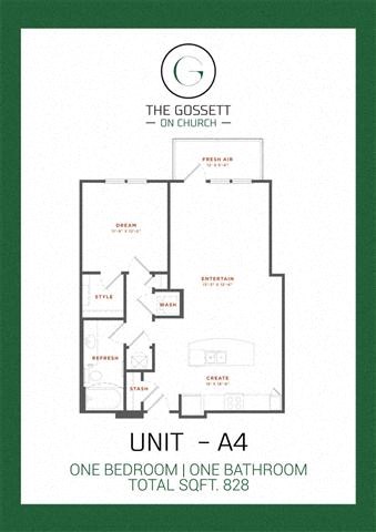 Floor plan for 1 bed, 1 bath, 828 sqft
