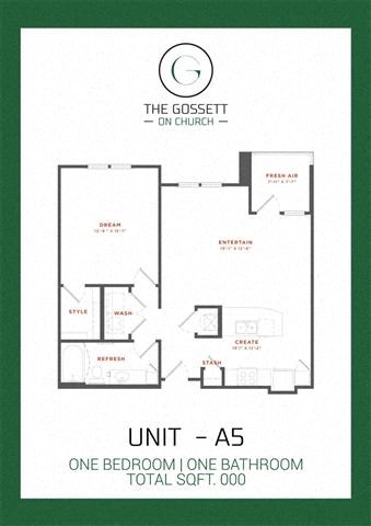 Floor plan for 1 bed, 1 bath, 835 sqft