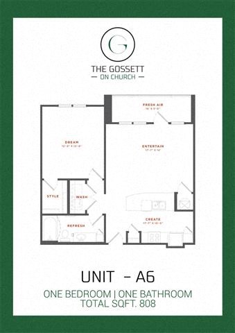 Floor plan for 1 bed, 1 bath, 808 sqft