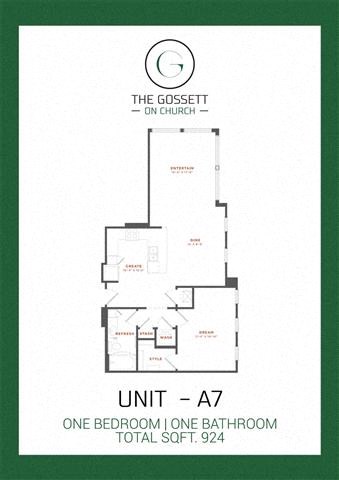 Floor plan for 1 bed, 1 bath, 924 sqft
