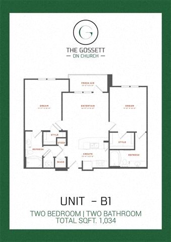 Floor plan for 2 beds, 2 baths, 1034 sqft