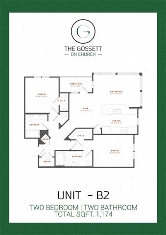 Floor plan for 2 beds, 2 baths, 1174 sqft