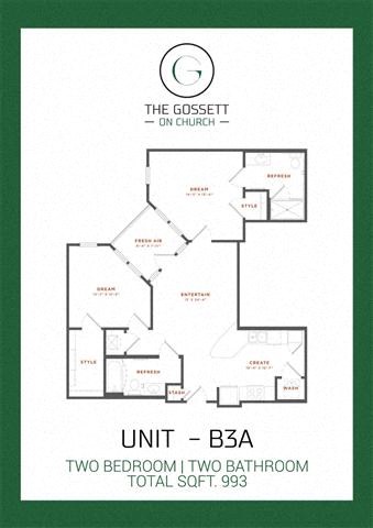 Floor plan for 2 beds, 2 baths, 995 sqft