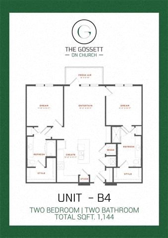 Floor plan for 2 beds, 2 baths, 1140 sqft