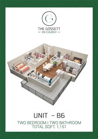 Floor plan for 2 beds, 2 baths, 1151 sqft