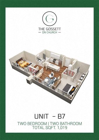 Floor plan for 2 beds, 2 baths, 1019 sqft