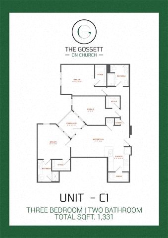 Floor plan for 3 beds, 2 baths, 1331 sqft