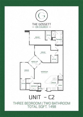 Floor plan for 3 beds, 2 baths, 1498 sqft