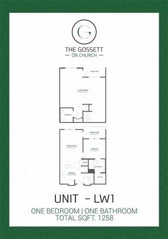 Floor plan for 1 bed, 1 bath, 1258 sqft