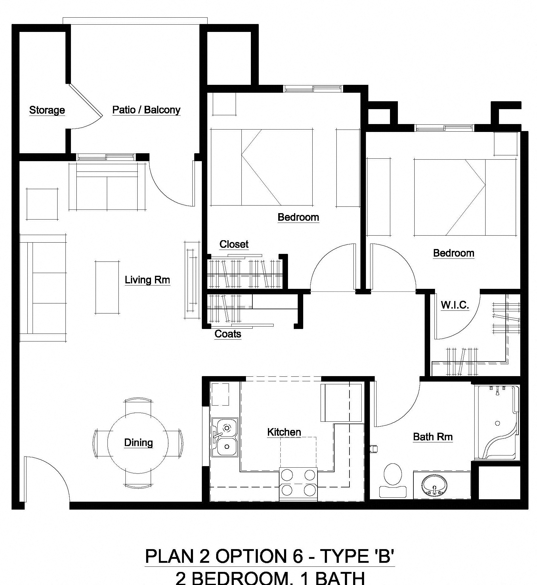 Floor plan for 2 beds, 1 bath, 850 sqft