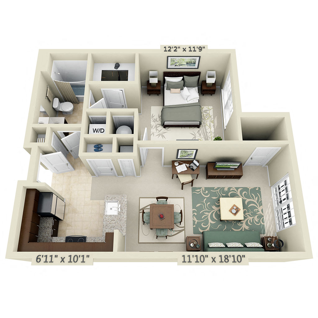 Floor plan for 1 bed, 1 bath, 671 sqft
