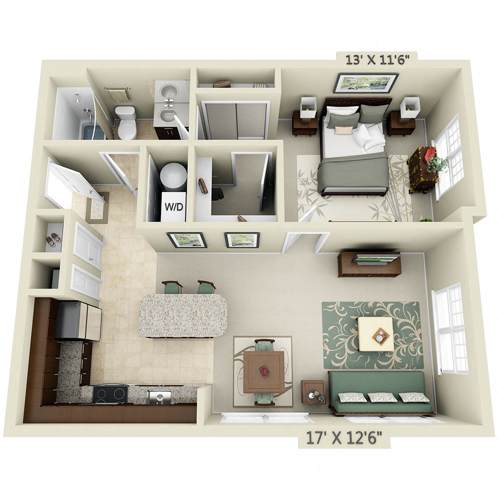 Floor plan for 1 bed, 1 bath, 731 sqft