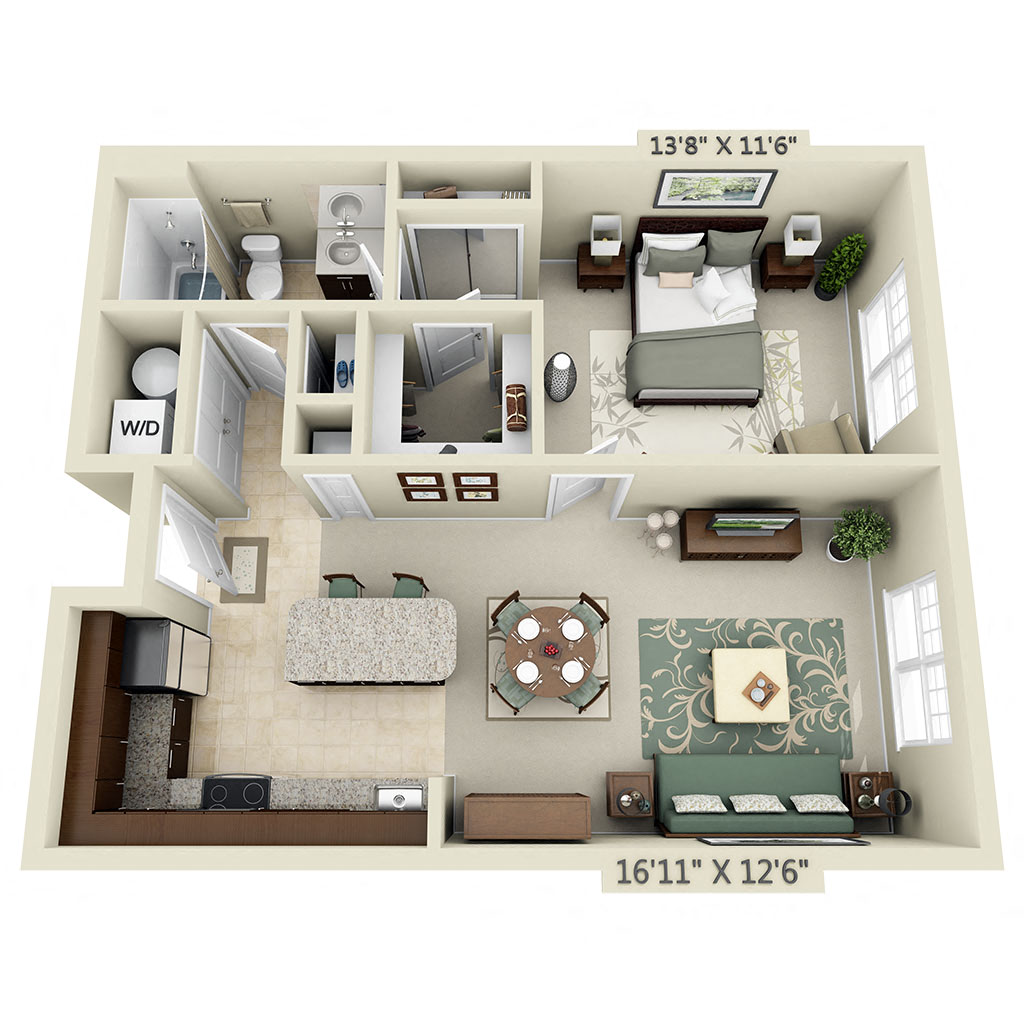 Floor plan for 1 bed, 1 bath, 735 sqft