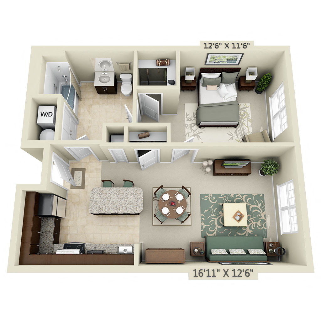 Floor plan for 1 bed, 1 bath, 735 sqft